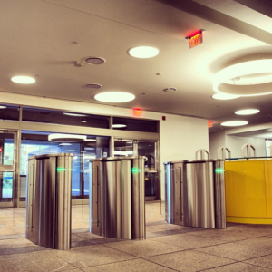 Side view of the Access Point desk and 3 turnstile entry points