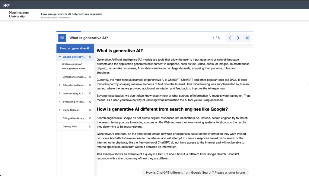 A screenshot of the AI module on H5P (a module learning platform). Includes questions like, "How is generative AI different from search engines like Google?"